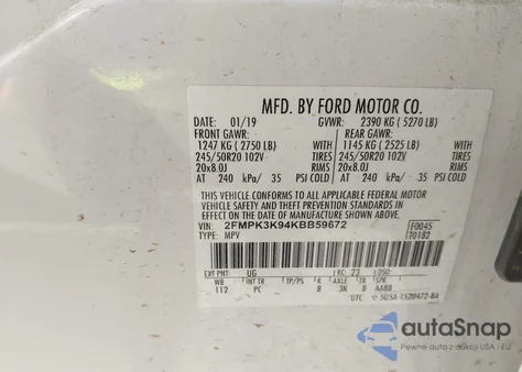 2019 Ford Edge Titanium z USA, uszkodzony, nr VIN 2FMPK3K94KBB59672